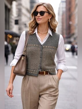 PENDLETON Women’s Petite Gray Tan V-neck Button Down Sweater Vest MP